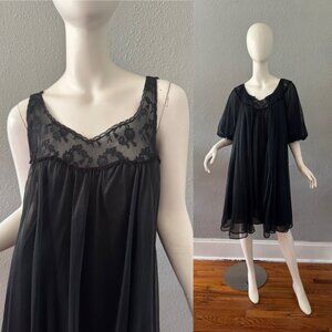 Vintage 60s Black Sissy Babydoll 2 Pc Chiffon Peignoir Nightgown Lingerie Set M